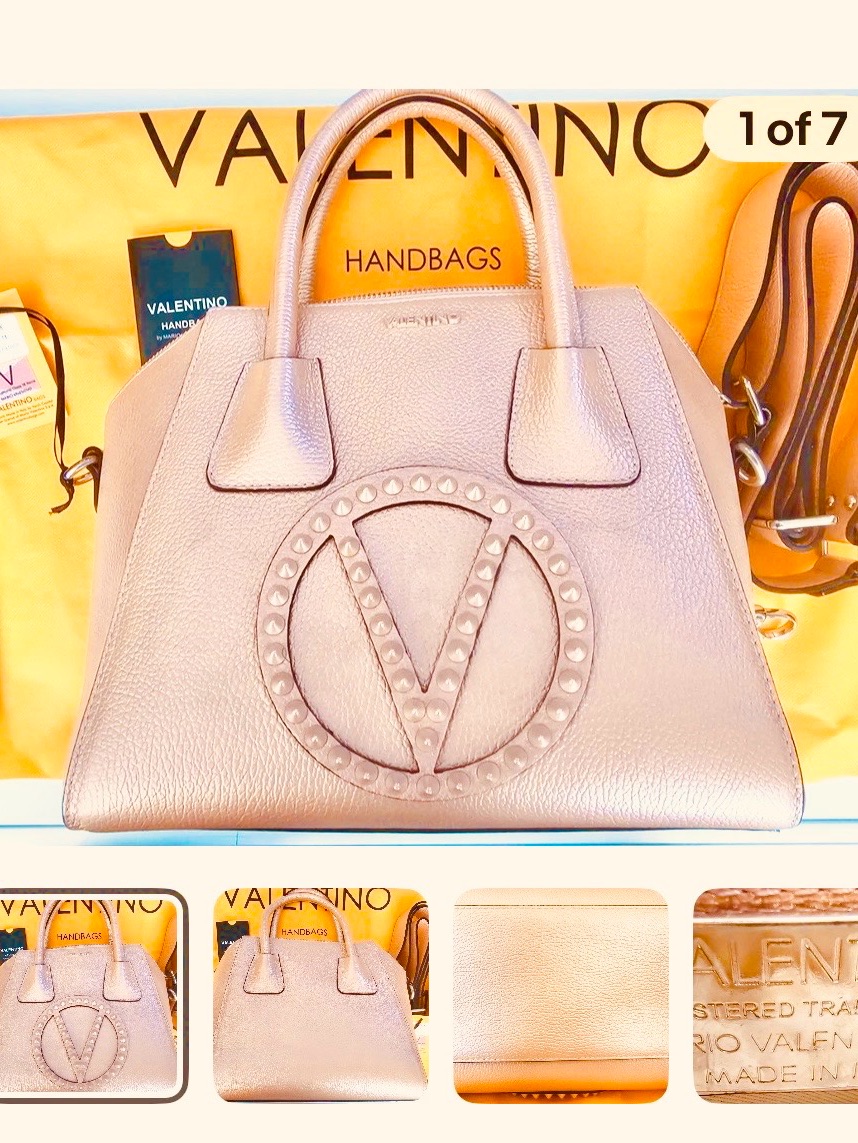 Valentino Rose Gold Leather Stud-Emblem Satchel Minimi Rock